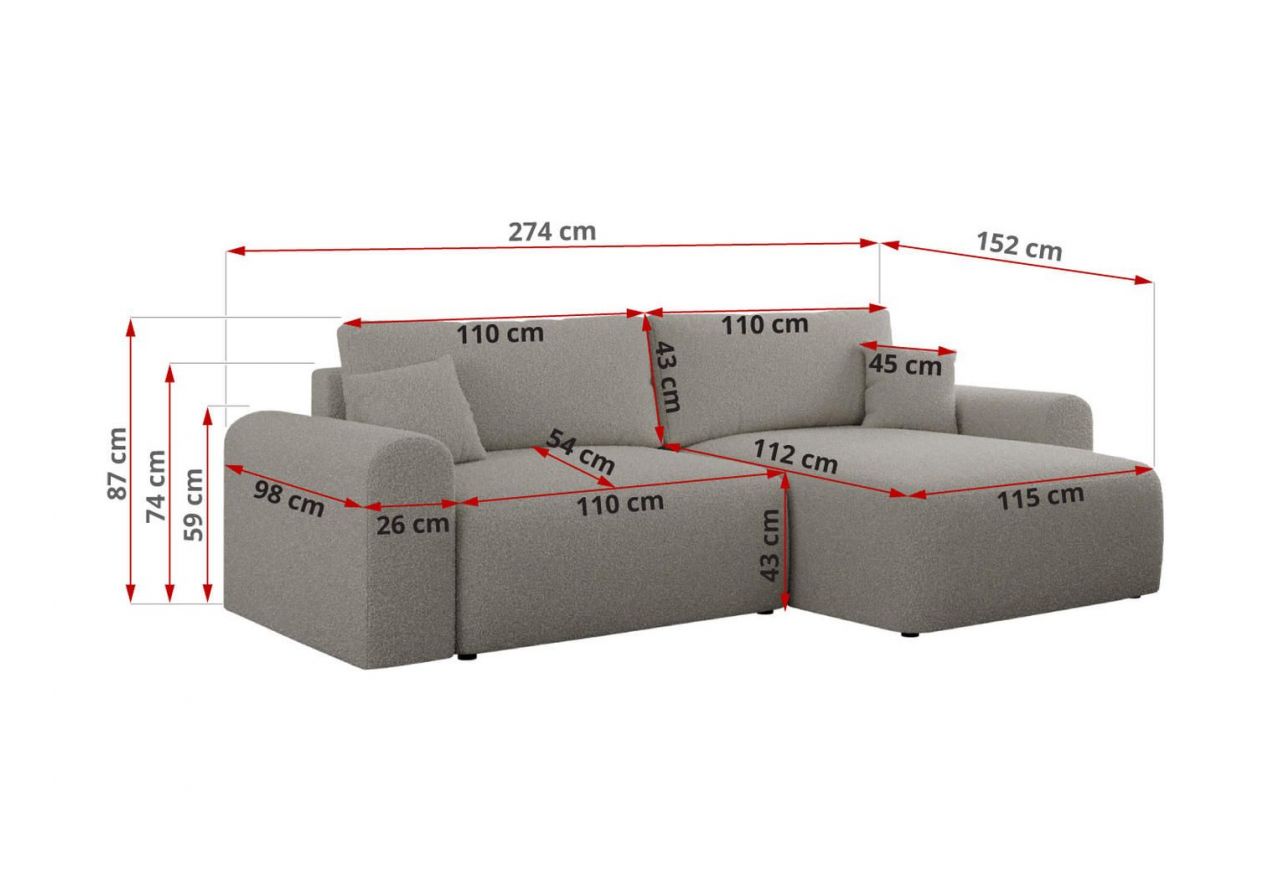 Narożnik NELSON L - uniwersalny - szary, boucle
