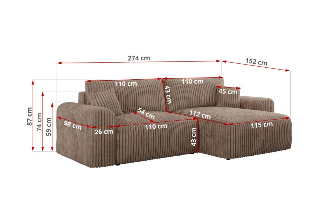 Narożnik NELSON L - uniwersalny - brązowy, sztruks