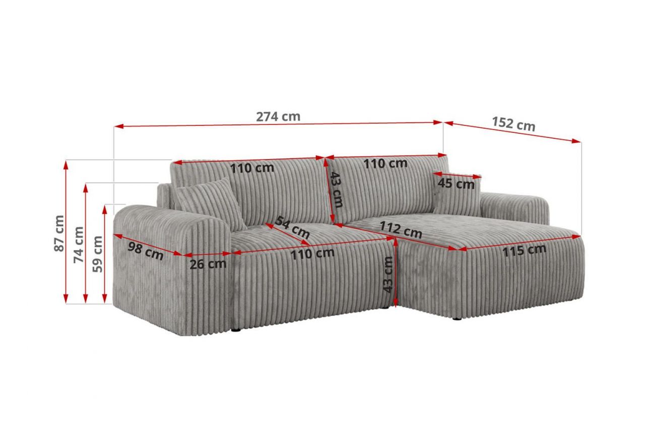 Narożnik NELSON L - uniwersalny - jasnoszary, sztruks
