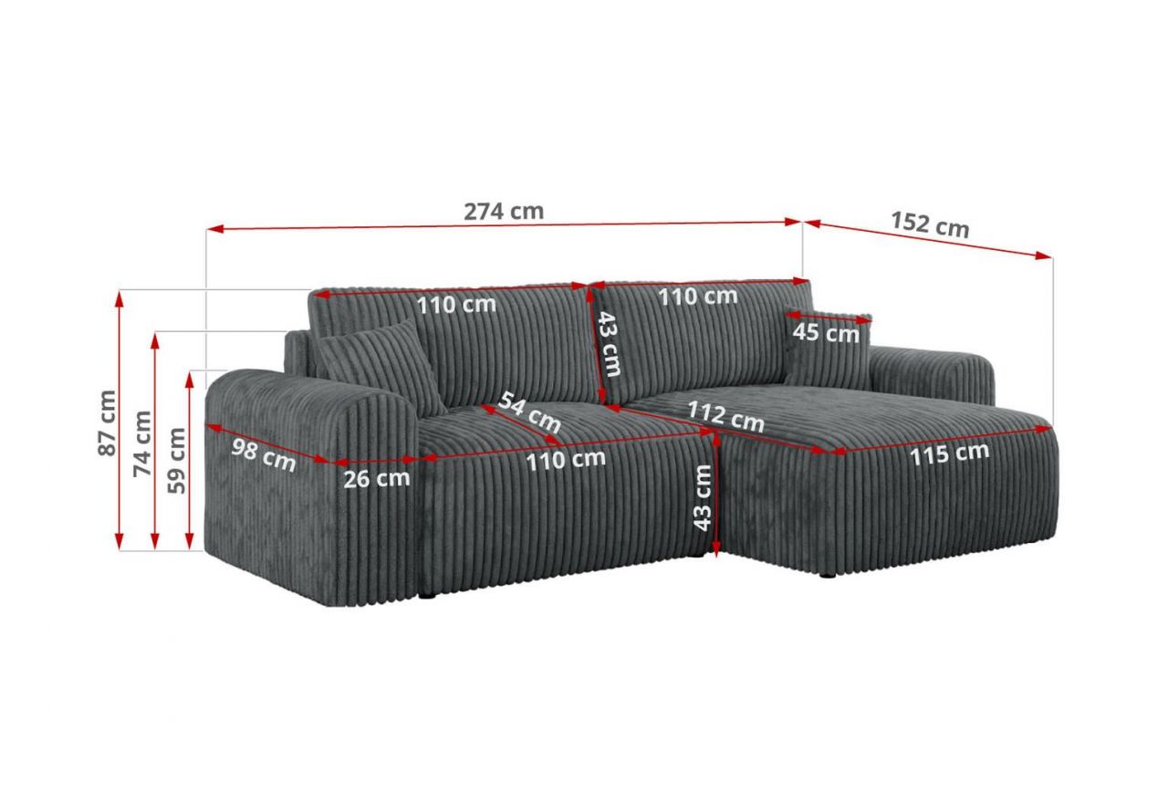 Narożnik NELSON L - uniwersalny - szary, sztruks