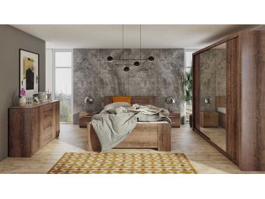 Zestaw nowoczesnych mebli do sypialni z szafą 220 i łóżkiem oraz opcją wyboru oświetlenia LED - BERY Dąb Monastery