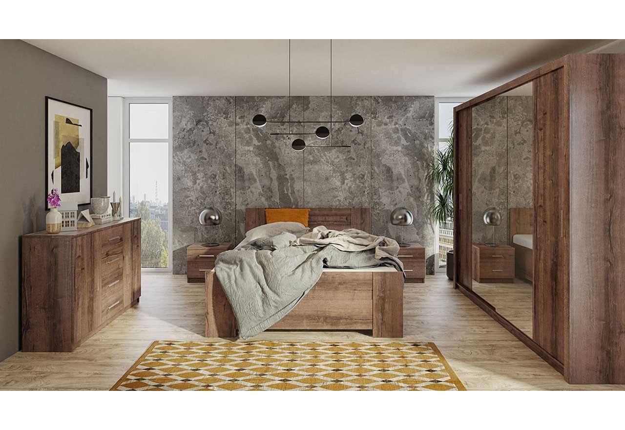 Zestaw nowoczesnych mebli do sypialni z szafą 220 i łóżkiem oraz opcją wyboru oświetlenia LED - BERY Dąb Monastery