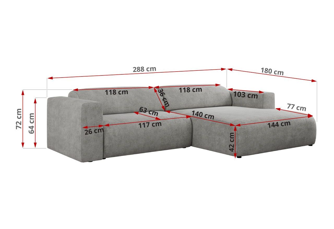 Narożnik PASADENA L - strona prawa - jasnoszary, struktura