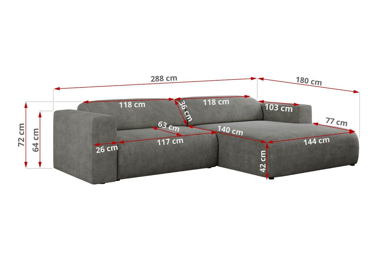 Narożnik PASADENA L - strona prawa - szary, struktura