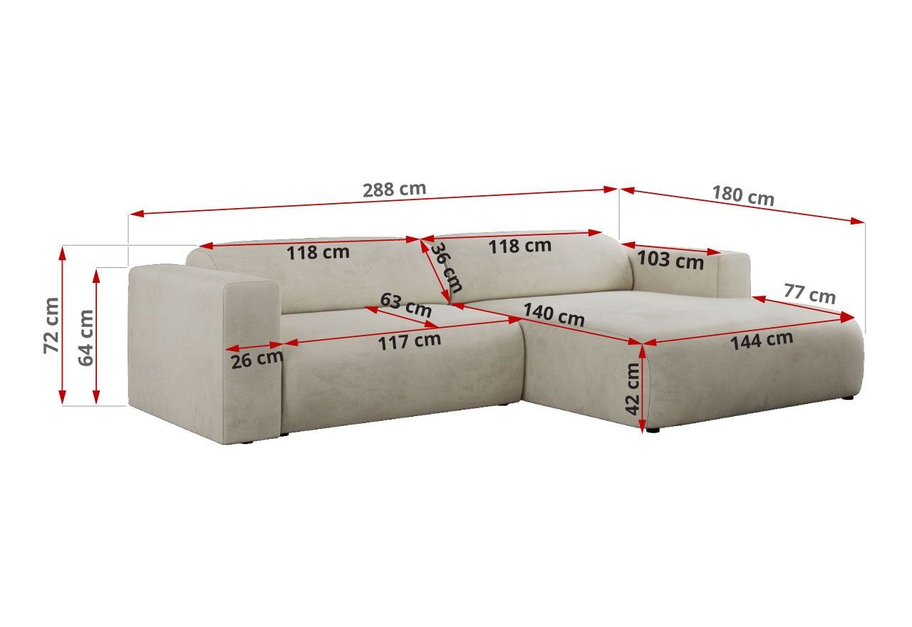 Narożnik PASADENA L - strona prawa - beżowy, welwet