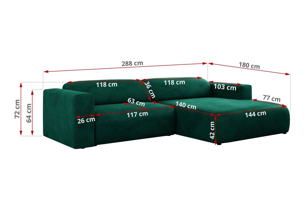 Narożnik PASADENA L - strona prawa - ciemnozielony, welwet
