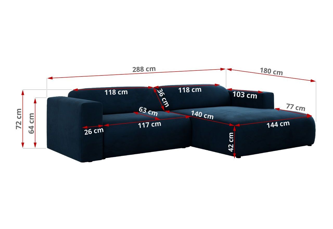 Narożnik PASADENA L - strona prawa - ciemnoniebieski, welwet