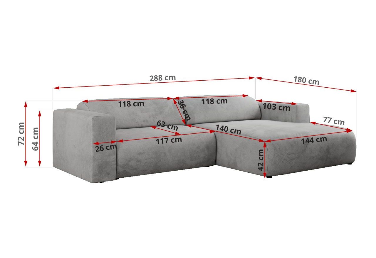 Narożnik PASADENA L - strona prawa - jasnoszary, welwet