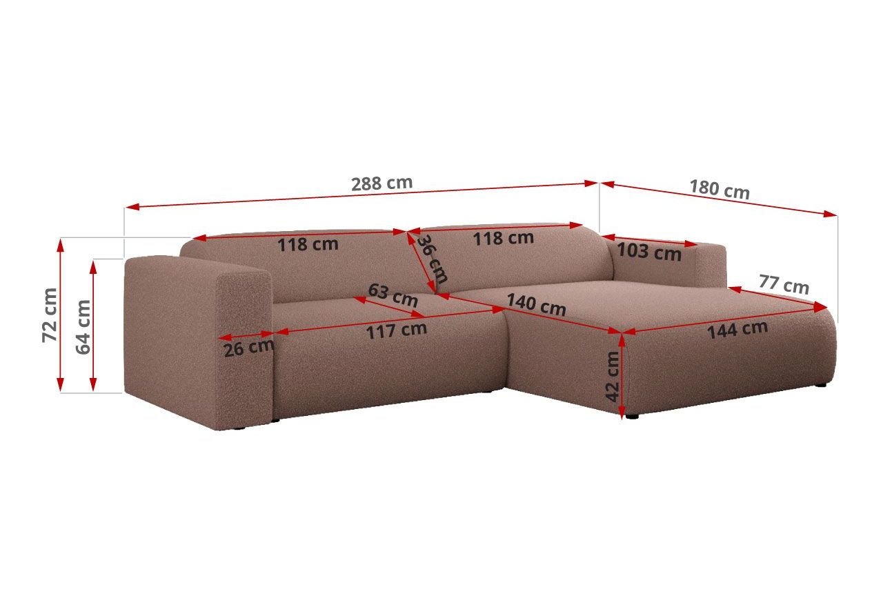 Narożnik PASADENA L - strona prawa - różowy, boucle