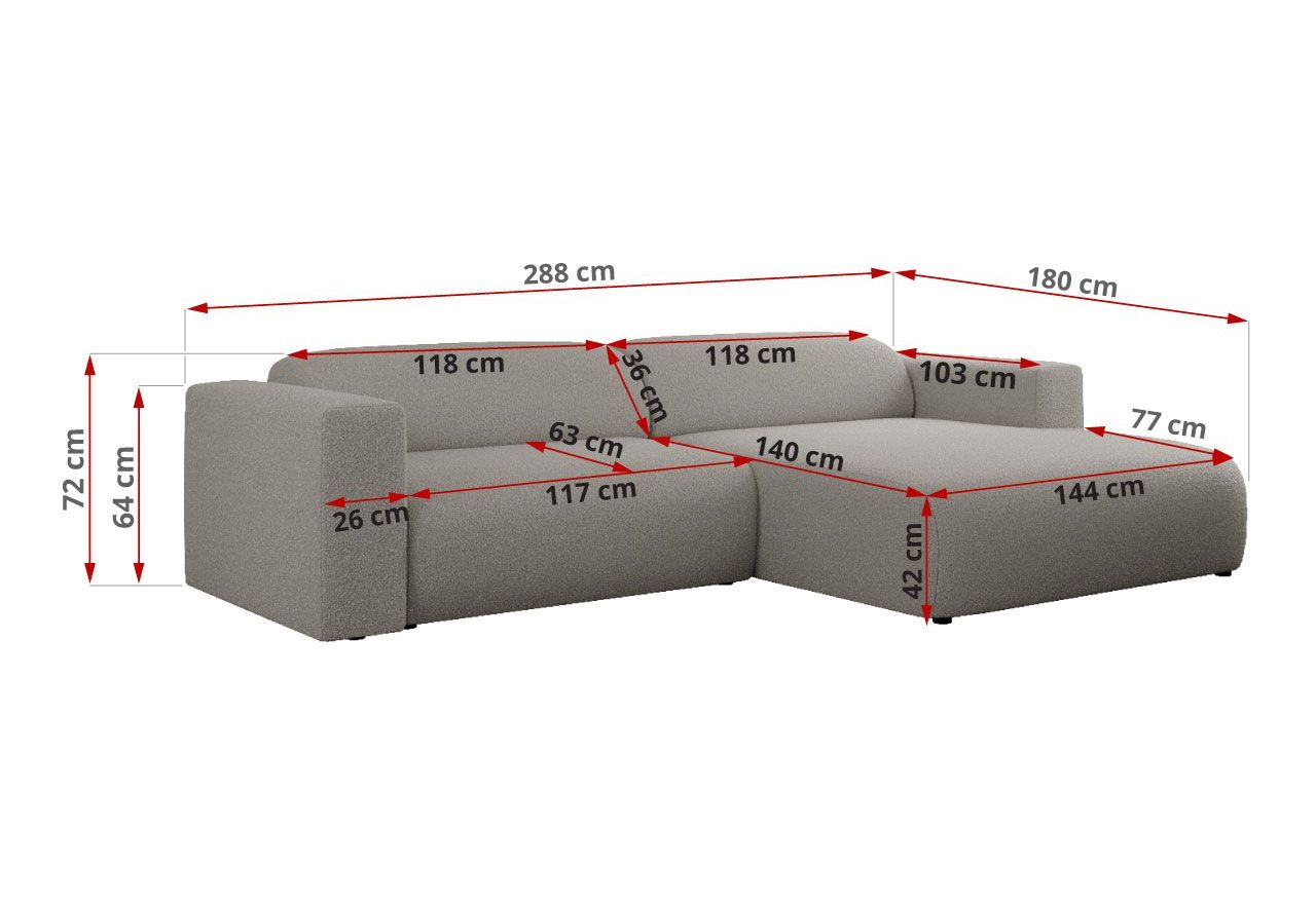Narożnik PASADENA L - strona prawa - szary, boucle