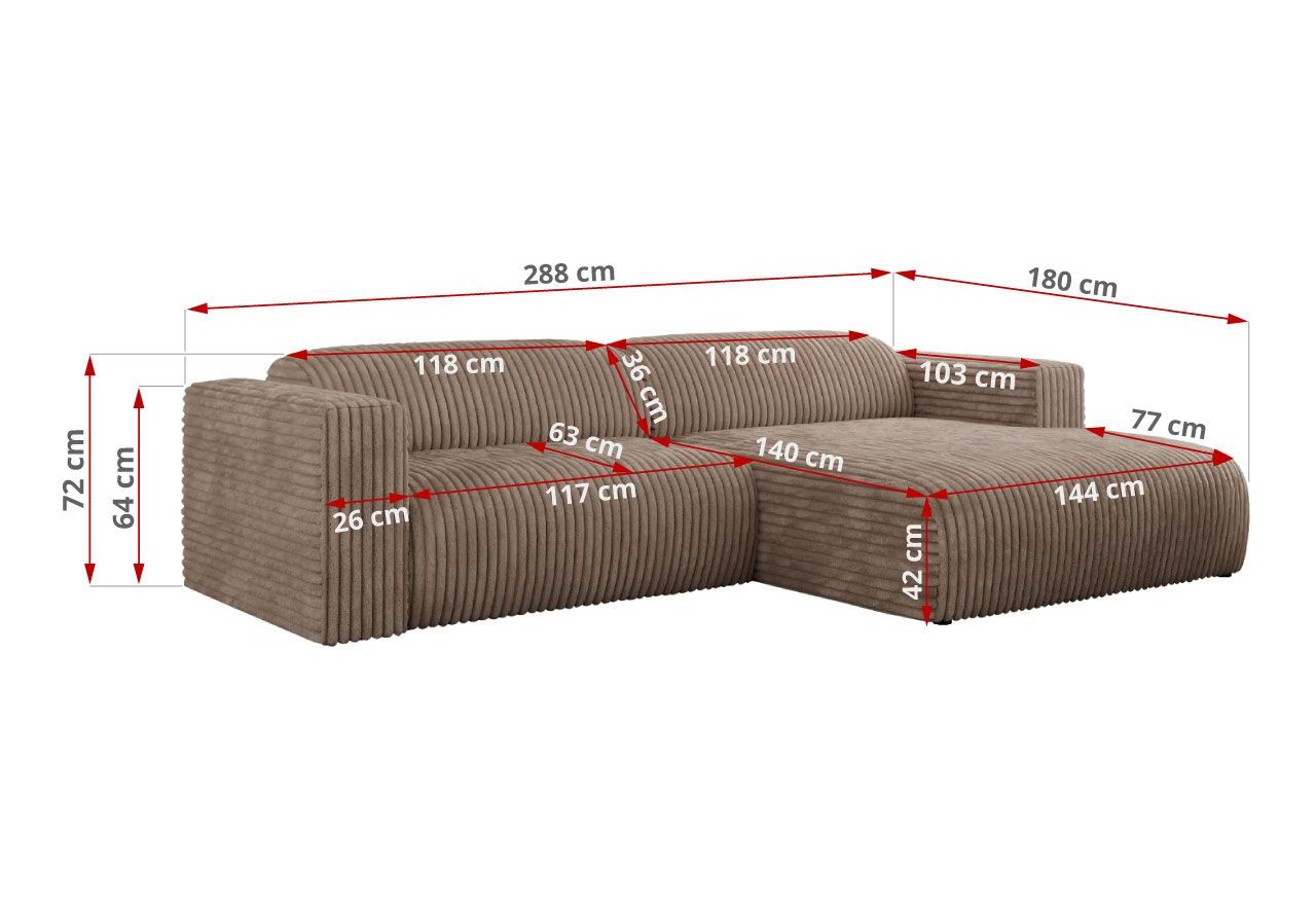 Narożnik PASADENA L - strona prawa - brązowy, sztruks