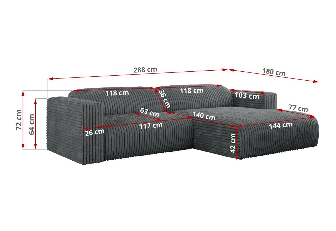 Narożnik PASADENA L - strona prawa - szary, sztruks
