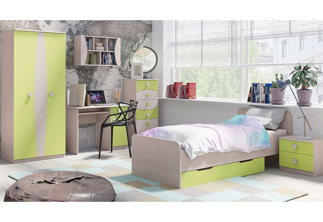 Modny i stylowy zestaw mebli młodzieżowych z łóżkiem 90x200 cm - TUNGA Dąb Santana / Zielony