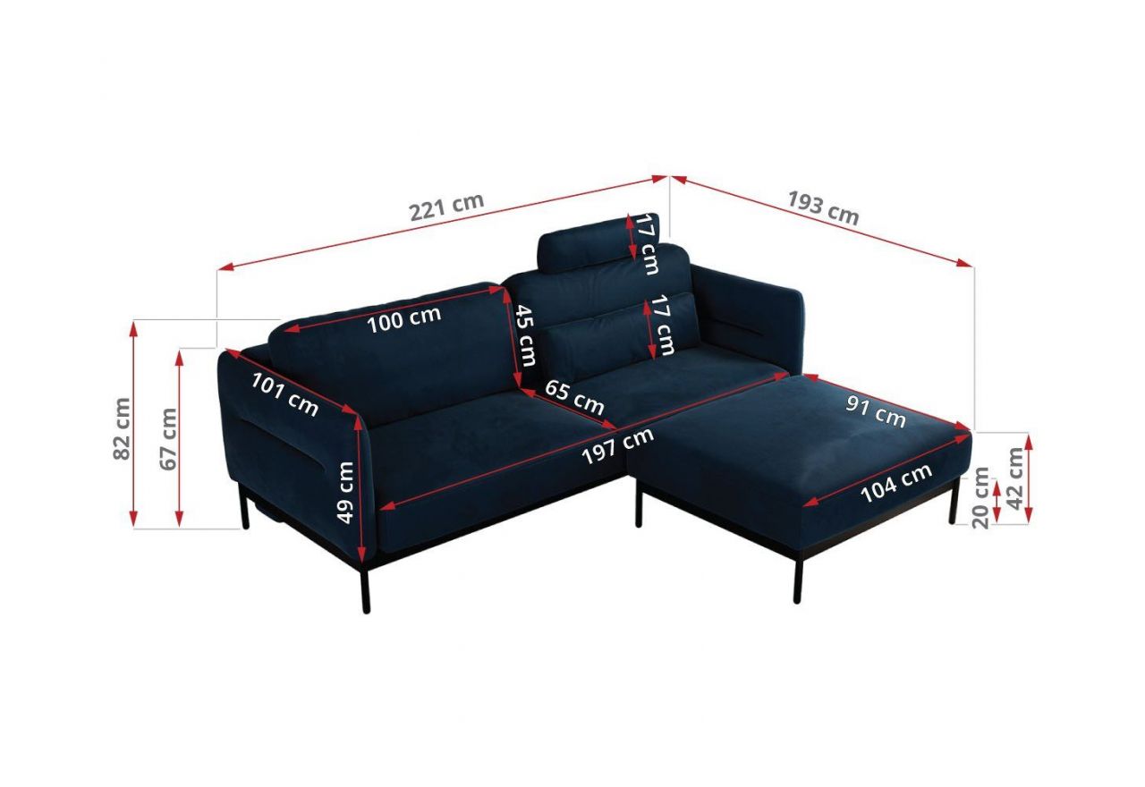 Narożnik SALENTO L - uniwersalny - ciemnoniebieski, welwet