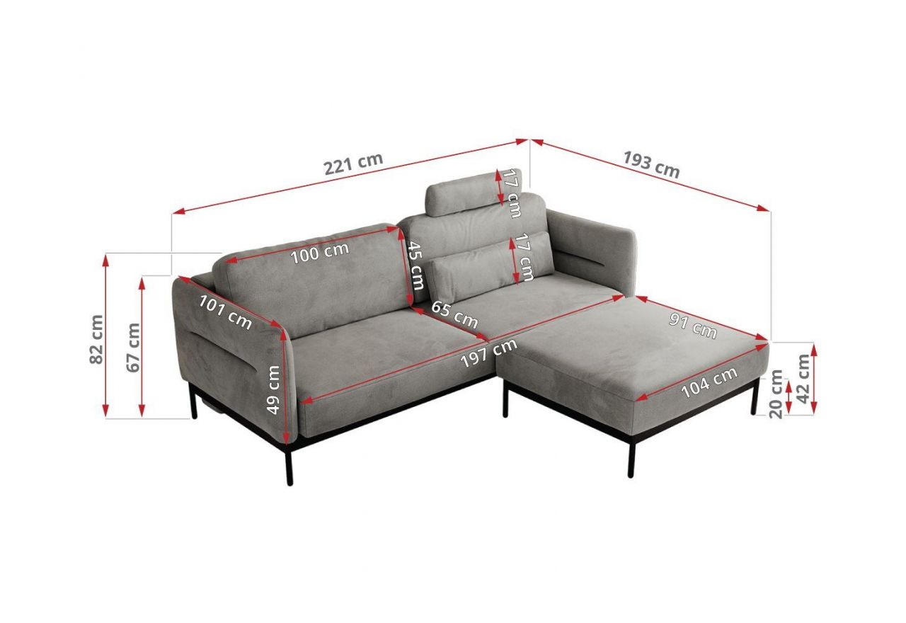 Narożnik SALENTO L - uniwersalny - jasnoszary, welwet