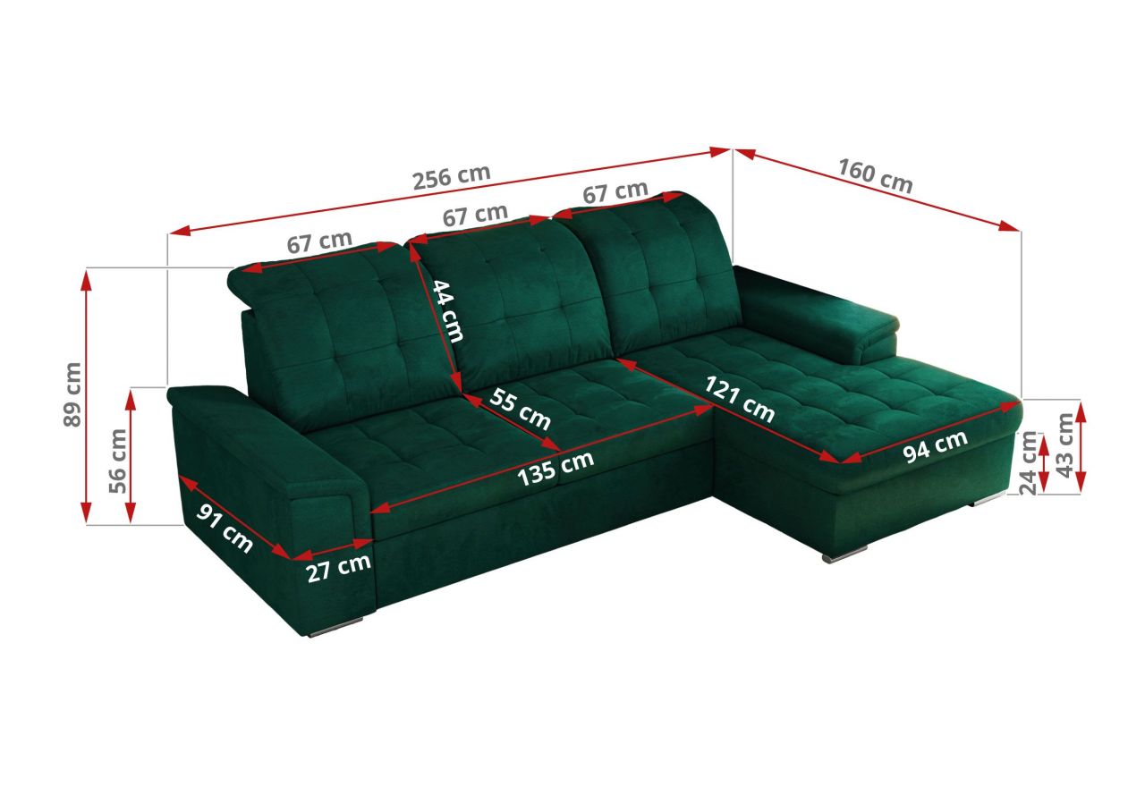 Narożnik MADRITO L - strona prawa - ciemnozielony, welwet