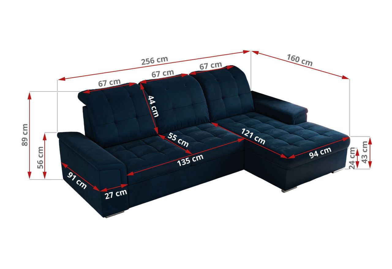 Narożnik MADRITO L - strona prawa - ciemnoniebieski, welwet