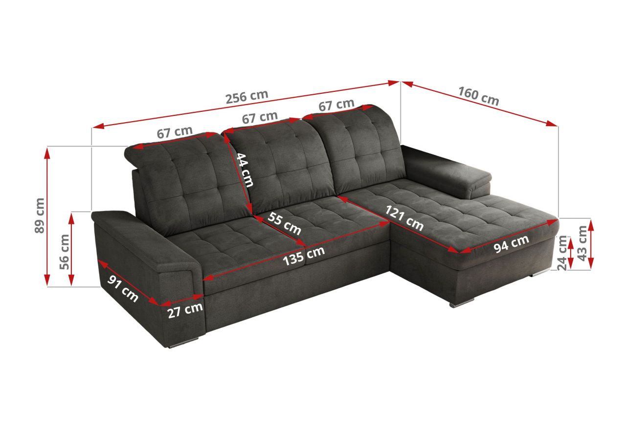 Narożnik MADRITO L - strona prawa - ciemnoszary, welwet