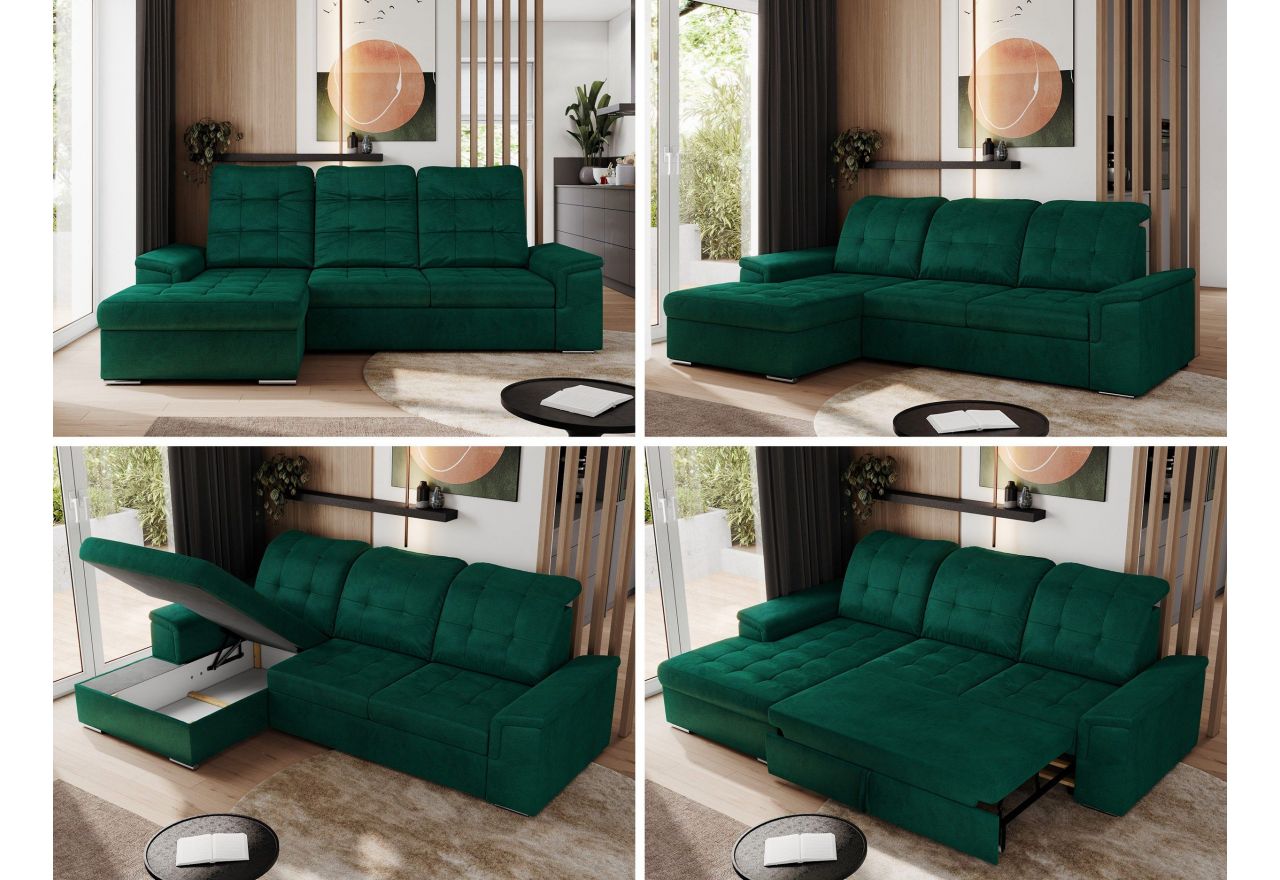 Narożnik MADRITO L - strona lewa - ciemnozielony, welwet