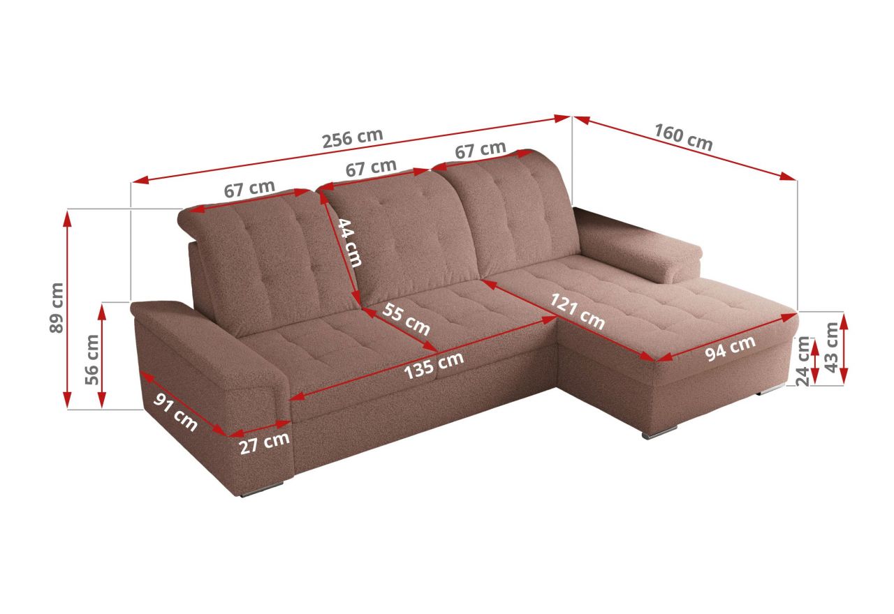 Narożnik MADRITO L - strona lewa - różowy, boucle