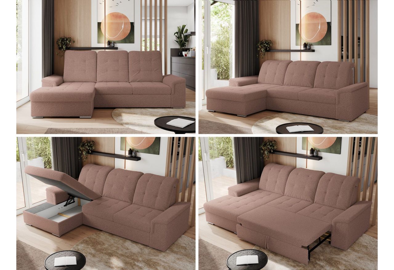 Narożnik MADRITO L - strona lewa - różowy, boucle