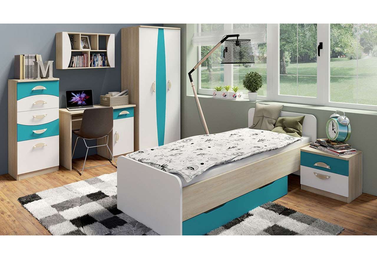 Zestaw mebli młodzieżowych z łóżkiem 90x200 w nowoczesnym stylu - TUNGA II Dąb Sonoma / Turkus