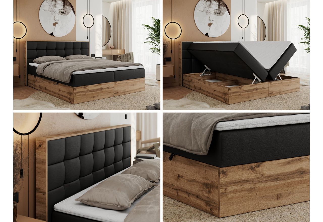 Łóżko kontynentalne ALBERO 1 200x200 - H4 - czarny, ekoskóra