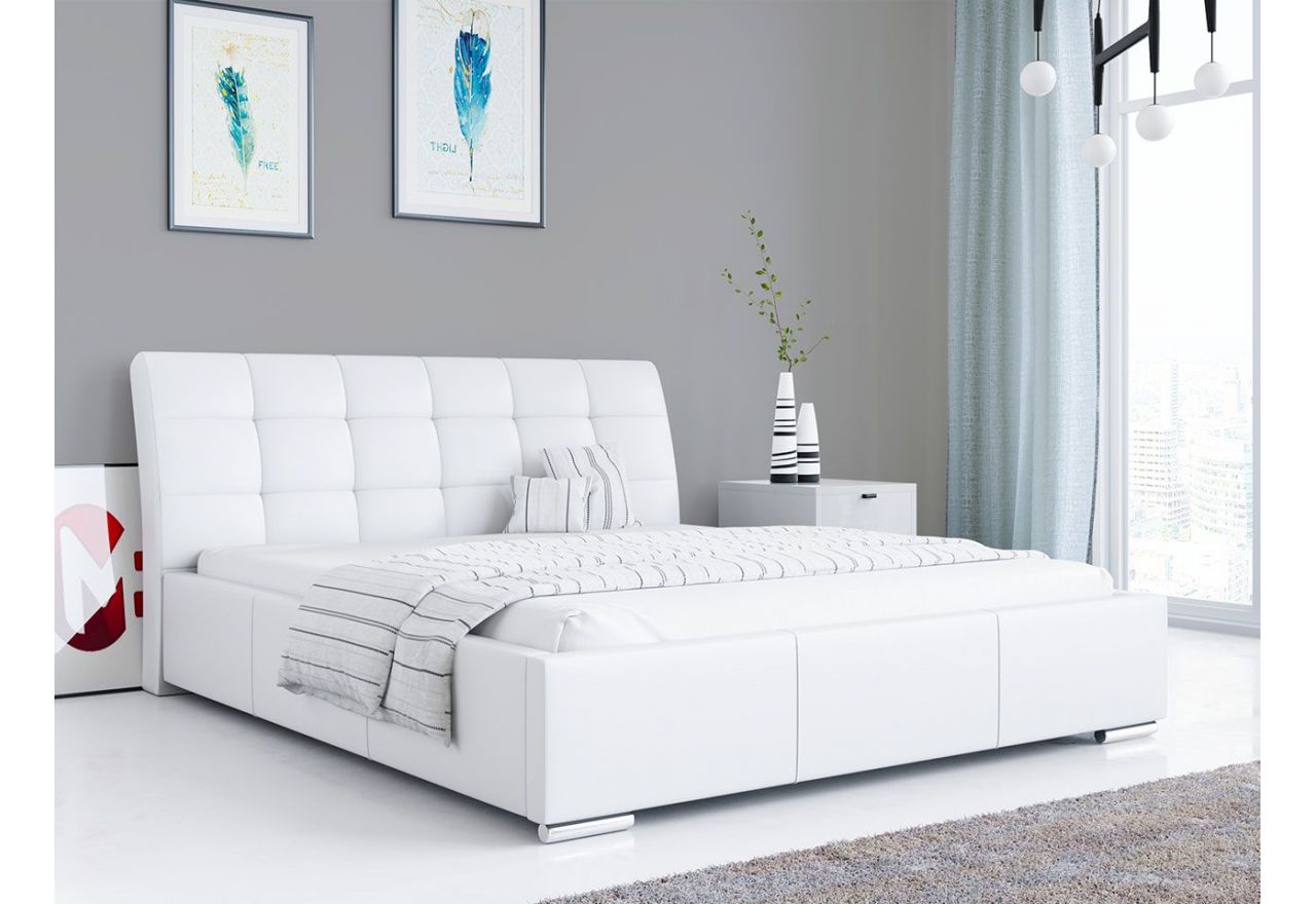 Tapicerowane łóżko z wysokim zagłowiem i opcją wyboru materaca - GALA biała ecoskóra