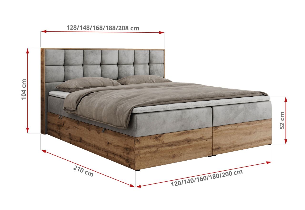 Łóżko kontynentalne ALBERO 1 200x200 - H3 - jasnoszary, welwet