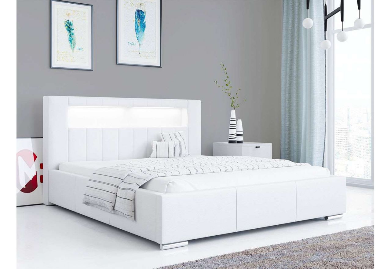 Nowoczesne łóżko tapicerowane z wysokim zagłowiem z opcją wyboru tkaniny i materaca - GOLD 5 biała ecoskóra