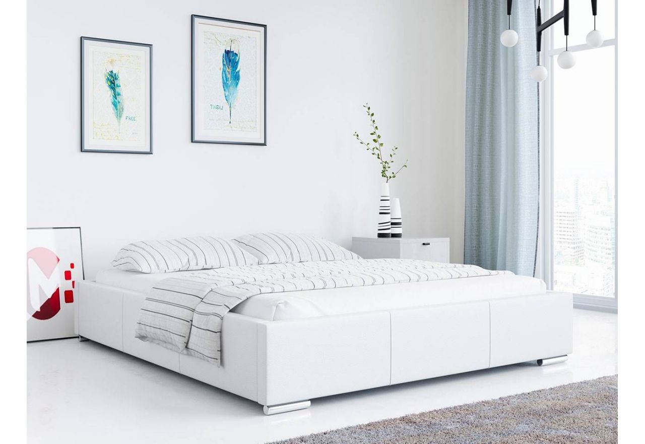 Nowoczesne tapicerowane łóżko z opcją wyboru pojemnika i stelaża - UDEN biała ecoskóra