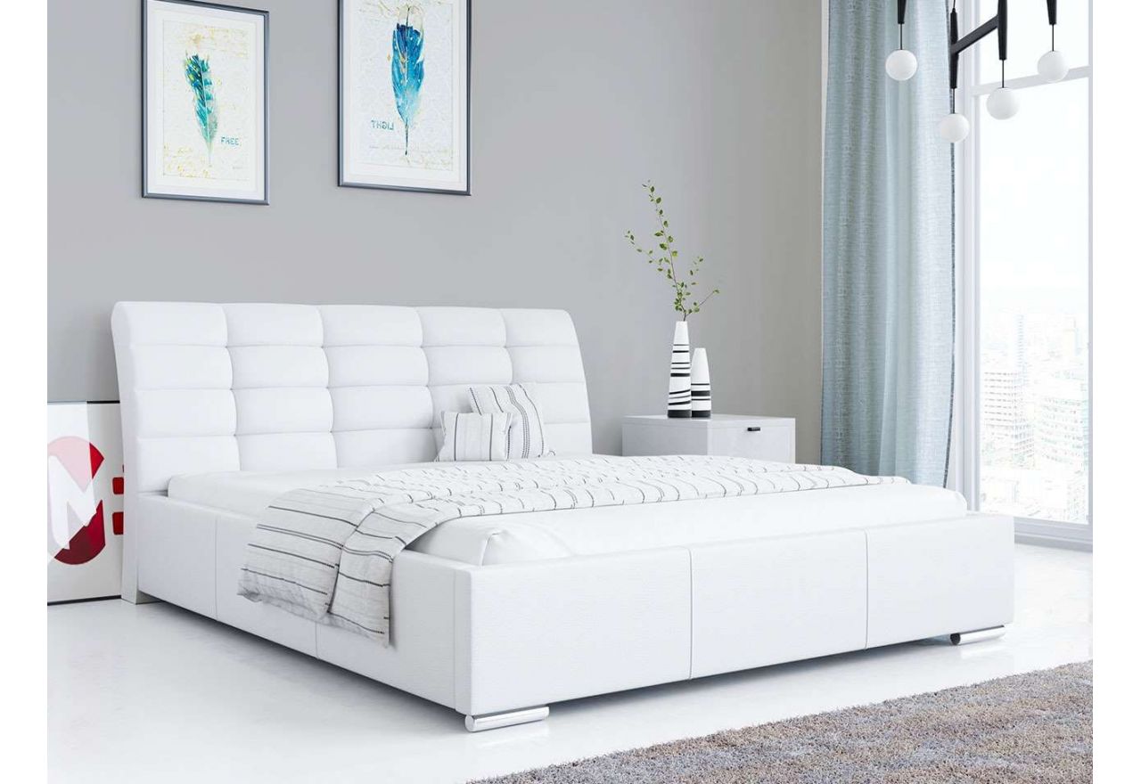 Eleganckie tapicerowane łóżko z wysokim zagłowiem do sypialni - NANA biała ecoskóra