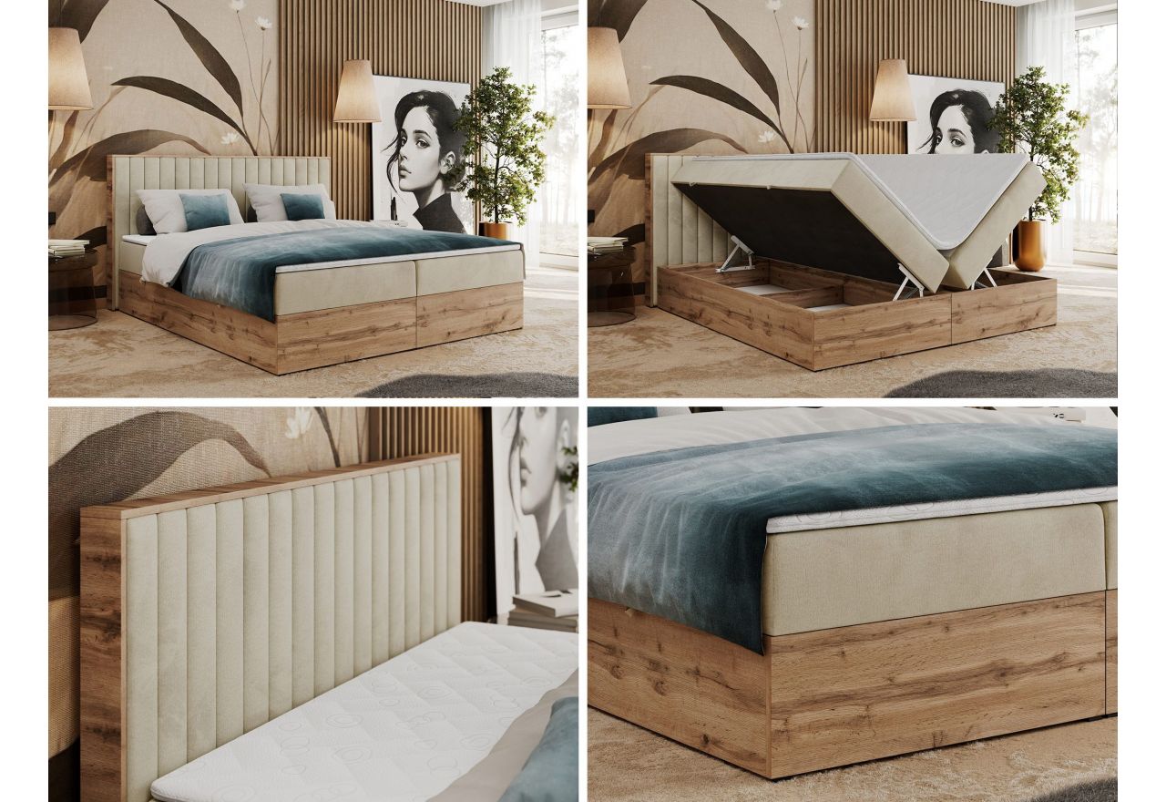 Łóżko kontynentalne ALBERO 4 140x200 - H3 - beżowy, welwet