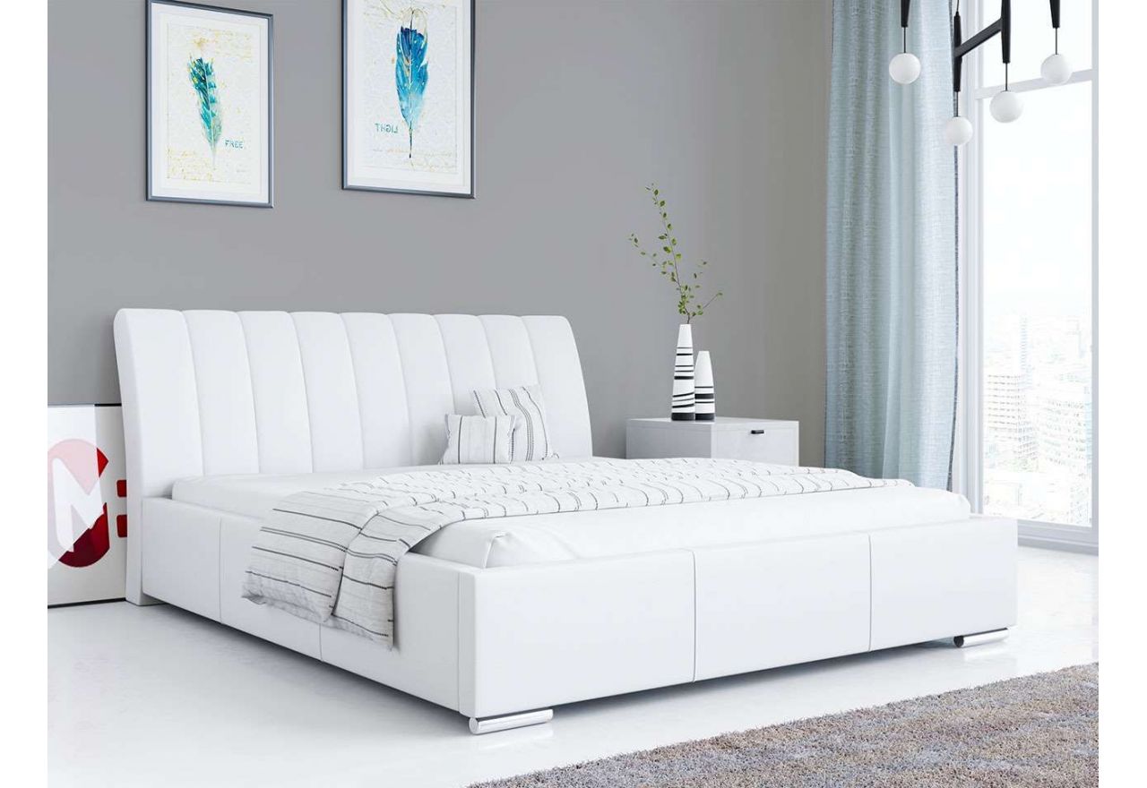 Praktyczne i wygodne łóżko z wysokim zagłowiem oraz opcją wyboru tkaniny - MARLEN biała ecoskóra