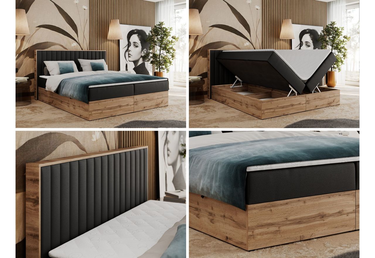 Łóżko kontynentalne ALBERO 4 200x200 - H3 - czarny, ekoskóra