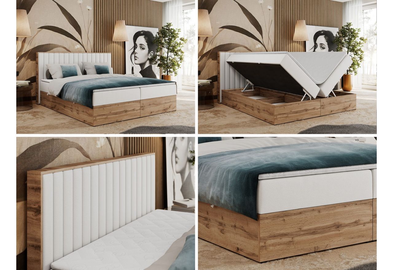 Łóżko kontynentalne ALBERO 4 200x200 - H3 - biały, ekoskóra