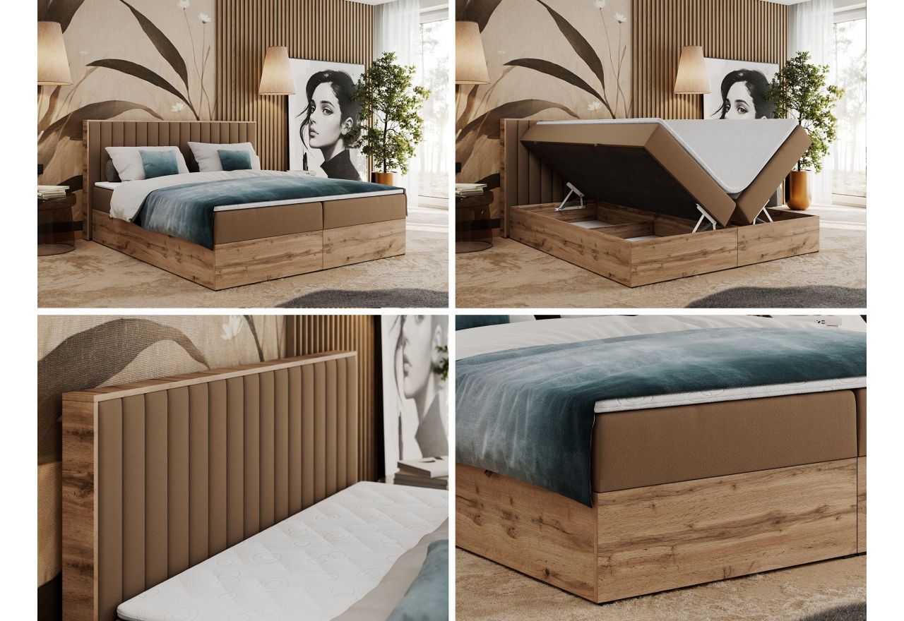 Łóżko kontynentalne ALBERO 4 160x200 - H3 - brązowy, ekoskóra