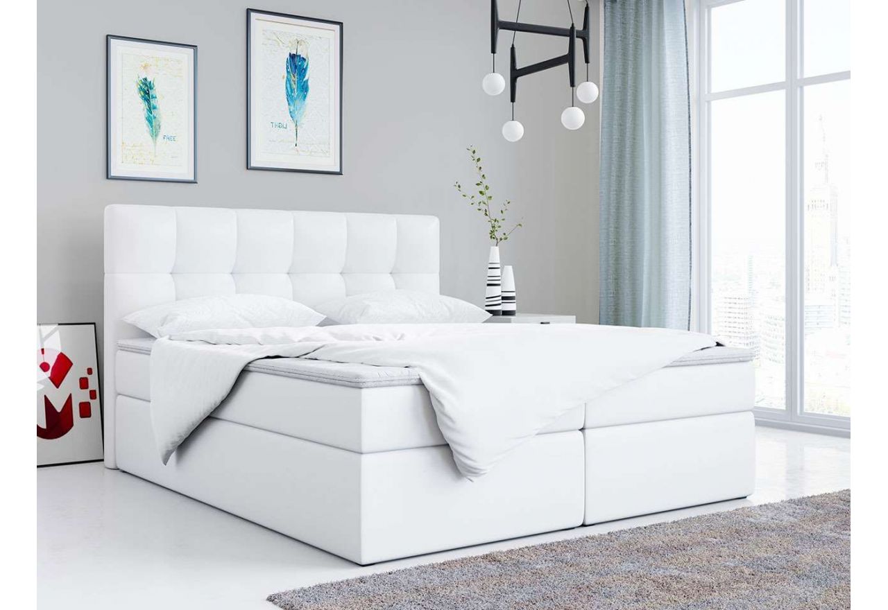 Wygodne i praktyczne łóżko kontynentalne z pikowanym zagłowiem i opcją wyboru materaca - ALVIN biała ecoskóra