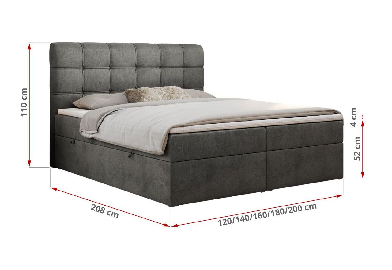 Łóżko kontynentalne FAST 180x200 - H4 - ciemnoszary, welwet