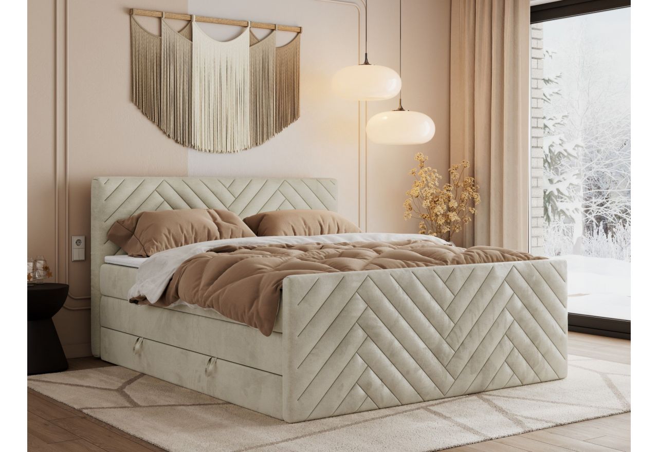 Łóżko kontynentalne PARIS KING DUO 160x200 - H3 - beżowy, welwet