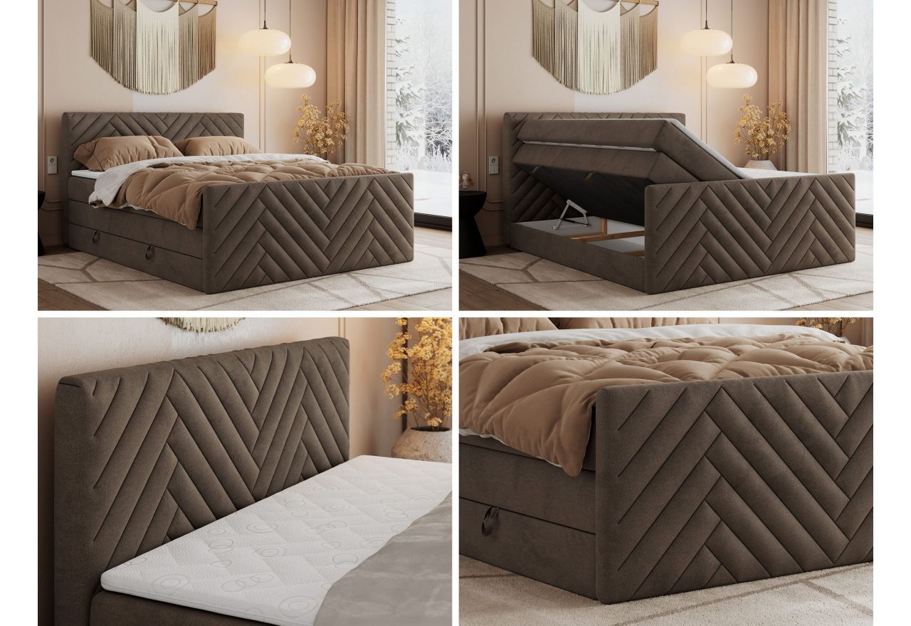 Łóżko kontynentalne PARIS KING DUO 140x200 - H3 - brązowy, welwet