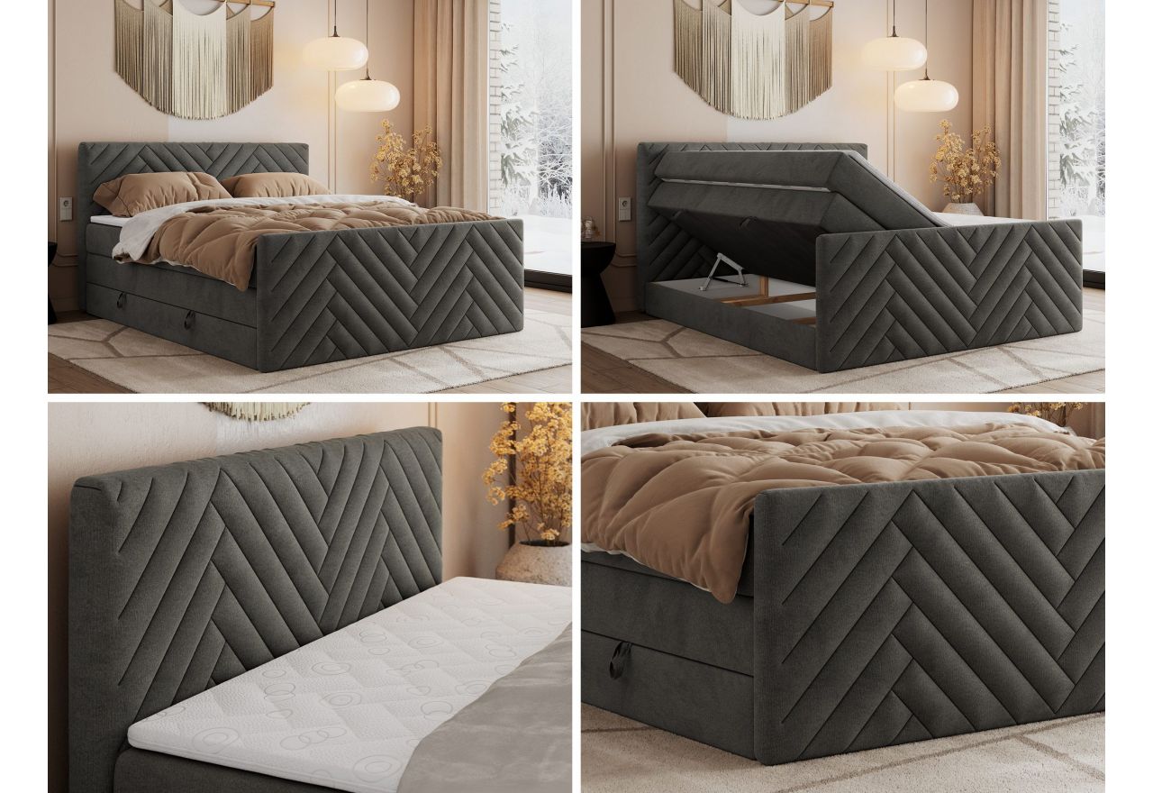 Łóżko kontynentalne PARIS KING DUO 200x200 - H4 - ciemnoszary, welwet