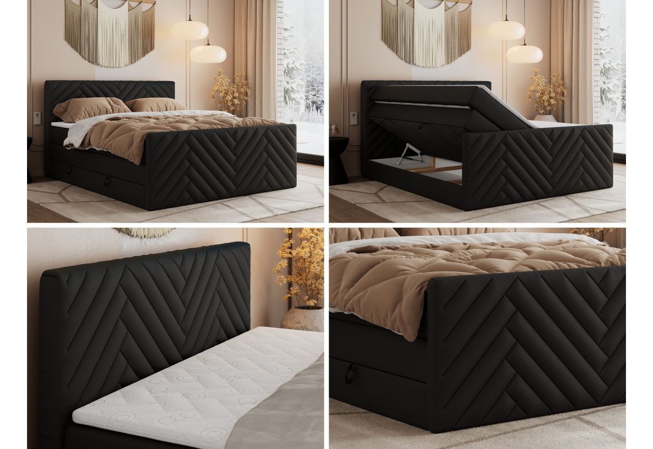 Łóżko kontynentalne PARIS KING DUO 160x200 - H3 - czarny, ekoskóra