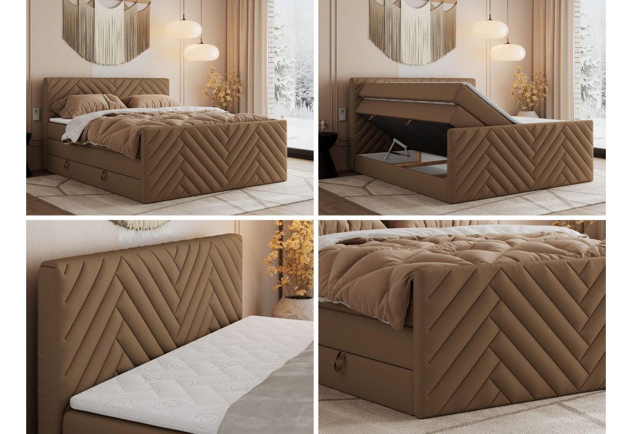 Łóżko kontynentalne PARIS KING DUO 160x200 - H3 - brązowy, ekoskóra