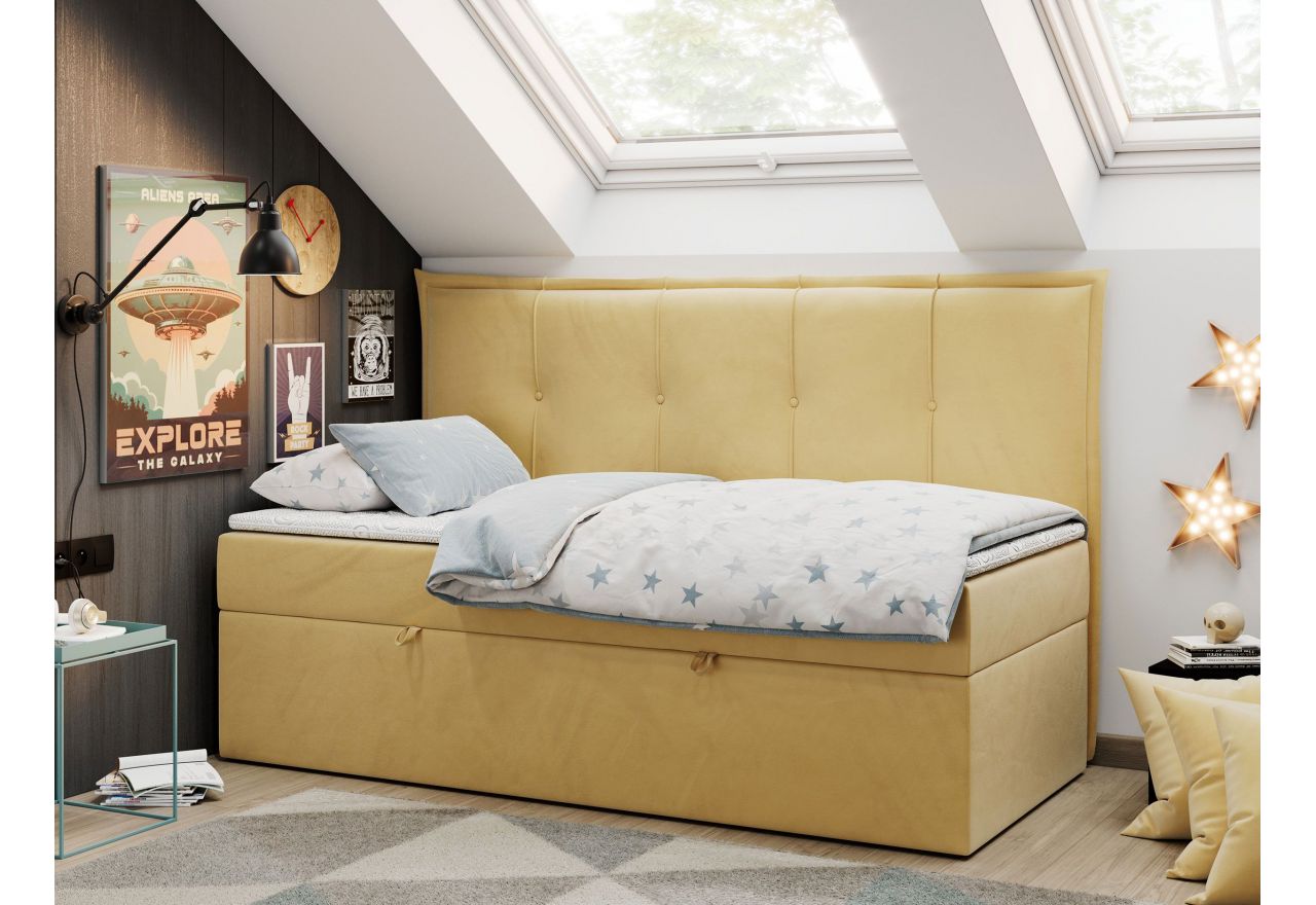 Łóżko młodzieżowe BANCO 90x200 - H3 - żółty, welwet - topper T25