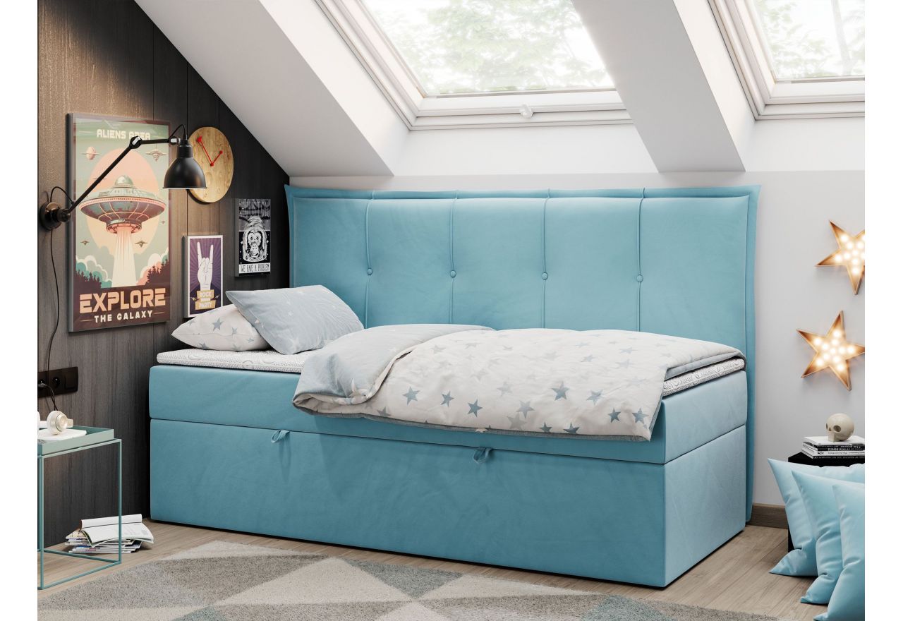 Łóżko młodzieżowe BANCO 90x200 - H3 - niebieski, welwet - topper T25