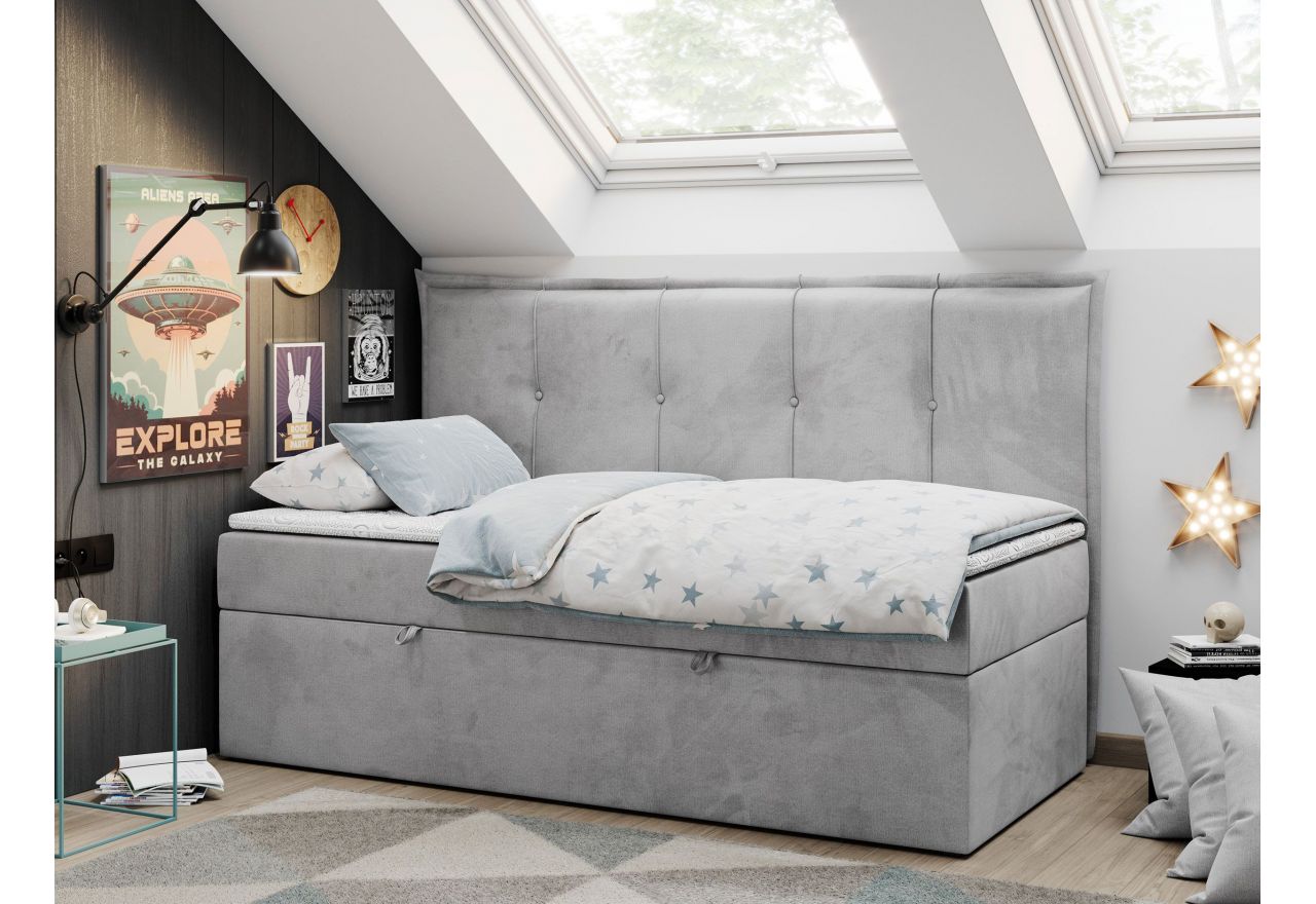 Łóżko młodzieżowe BANCO 90x200 - H3 - jasnoszary, welwet - topper T25