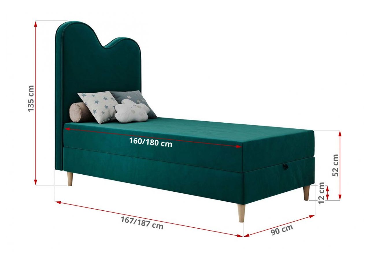 Łóżko młodzieżowe FLOW 90x180 - H3 - ciemnozielony, welwet - topper T25