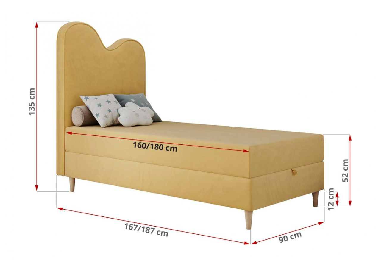 Łóżko młodzieżowe FLOW 90x180 - H3 - żółty, welwet - topper T25