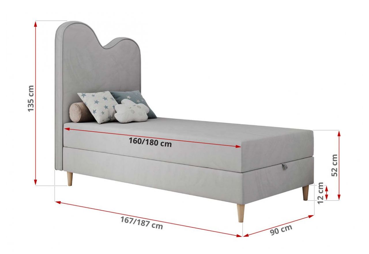 Łóżko młodzieżowe FLOW 90x180 - H3 - jasnoszary, welwet - topper T25